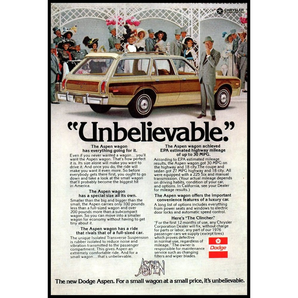 1976 Dodge Aspen Station Wagon "Unbelievable" Vintage Print Ad Wood Grain Decor
